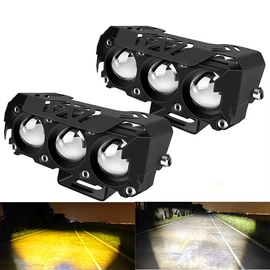 Dual Color LED Motorcycle Spotlight with Hi/Low Beam Fog Lamps for Vehicles - 12V/24V Mini Lens Headlight Driving Light