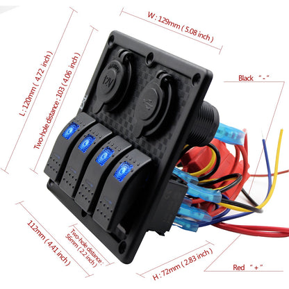 Waterproof 4-Gang Marine Rocker Switch Panel with Dual USB Ports and Cigarette Lighter LED Light for Automotive Use (Blue LED)