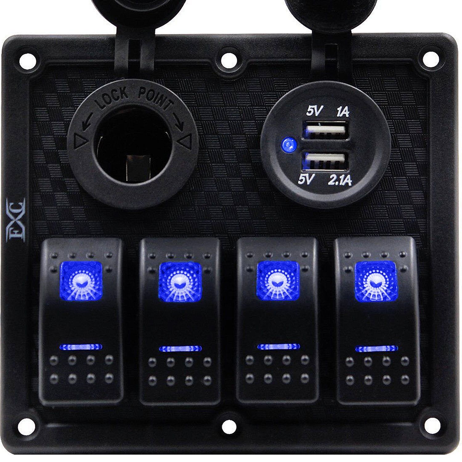 Waterproof 4-Gang Marine Rocker Switch Panel with Dual USB Ports and Cigarette Lighter LED Light for Automotive Use (Blue LED)