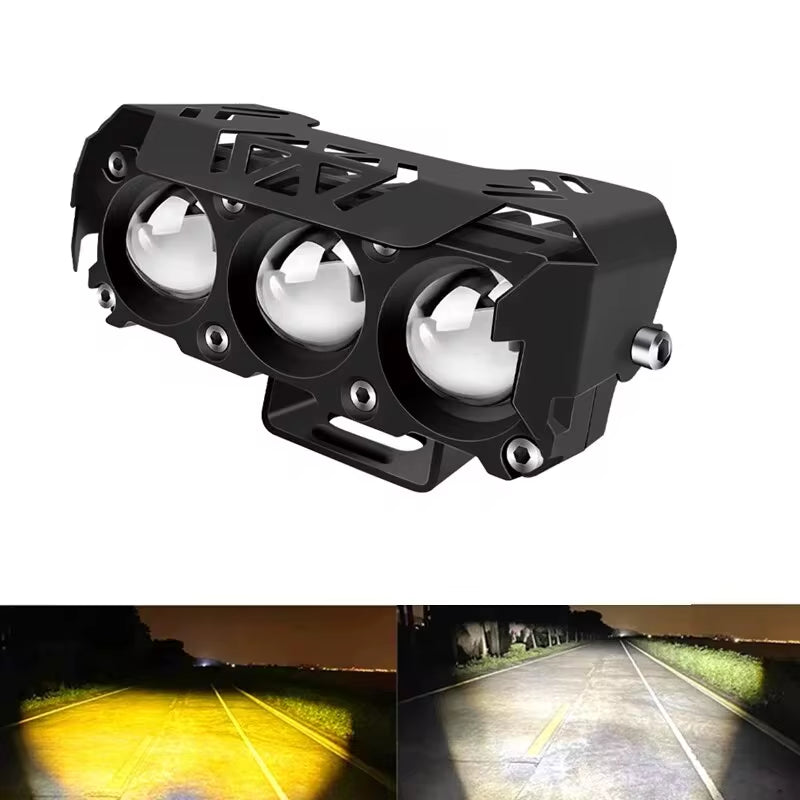 Dual Color LED Motorcycle Spotlight with Hi/Low Beam Fog Lamps for Vehicles - 12V/24V Mini Lens Headlight Driving Light