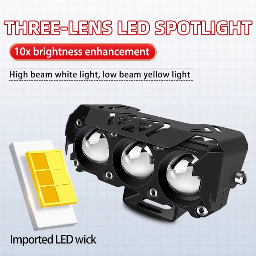 Dual Color LED Motorcycle Spotlight with Hi/Low Beam Fog Lamps for Vehicles - 12V/24V Mini Lens Headlight Driving Light