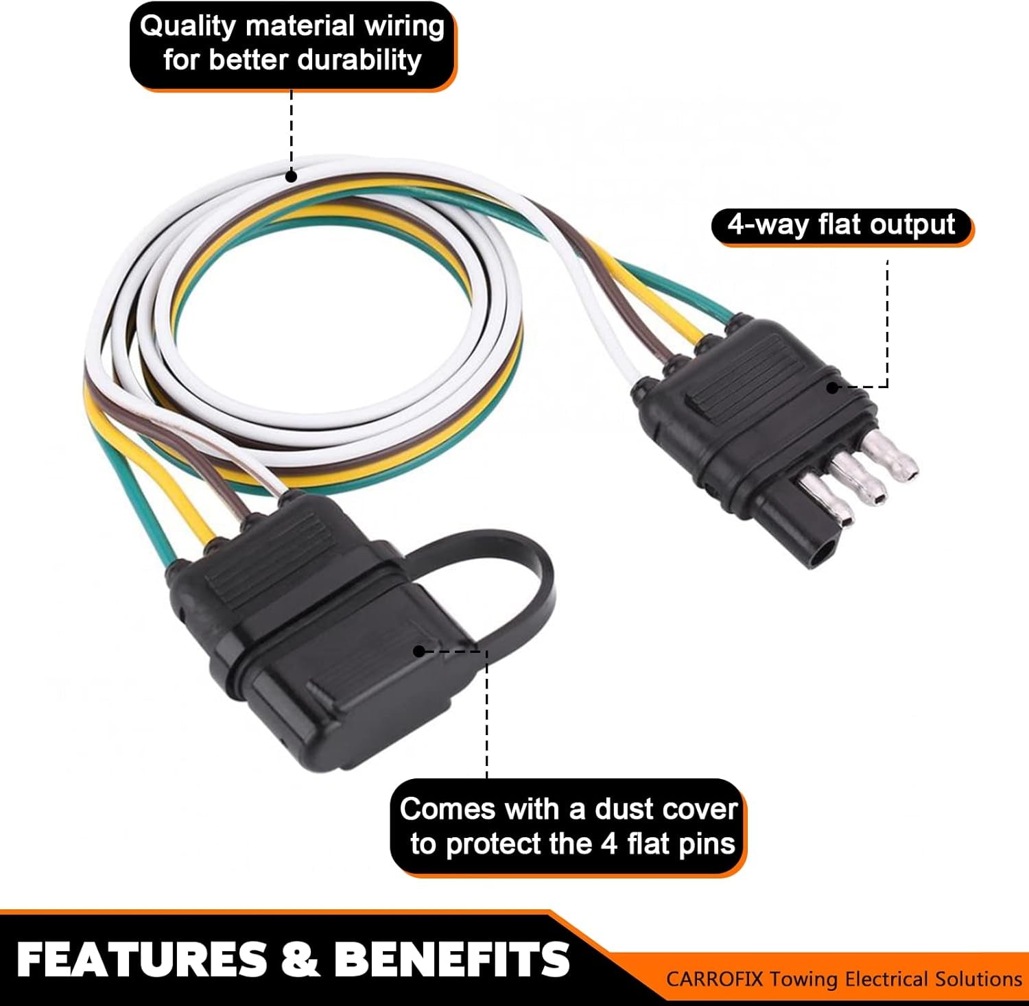 32-Inch 4-Pin Flat Wire Extension Connector for Male and Female Trailer Plugs