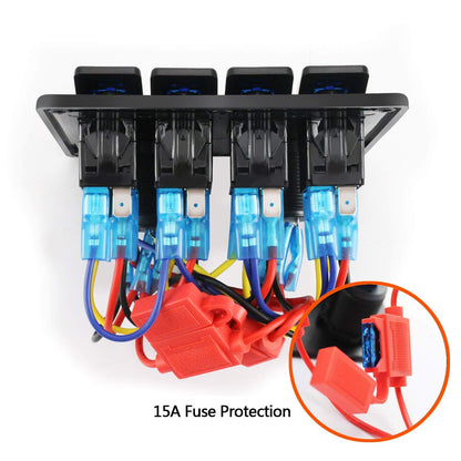 Waterproof 4-Gang Marine Rocker Switch Panel with Dual USB Ports and Cigarette Lighter LED Light for Automotive Use (Blue LED)