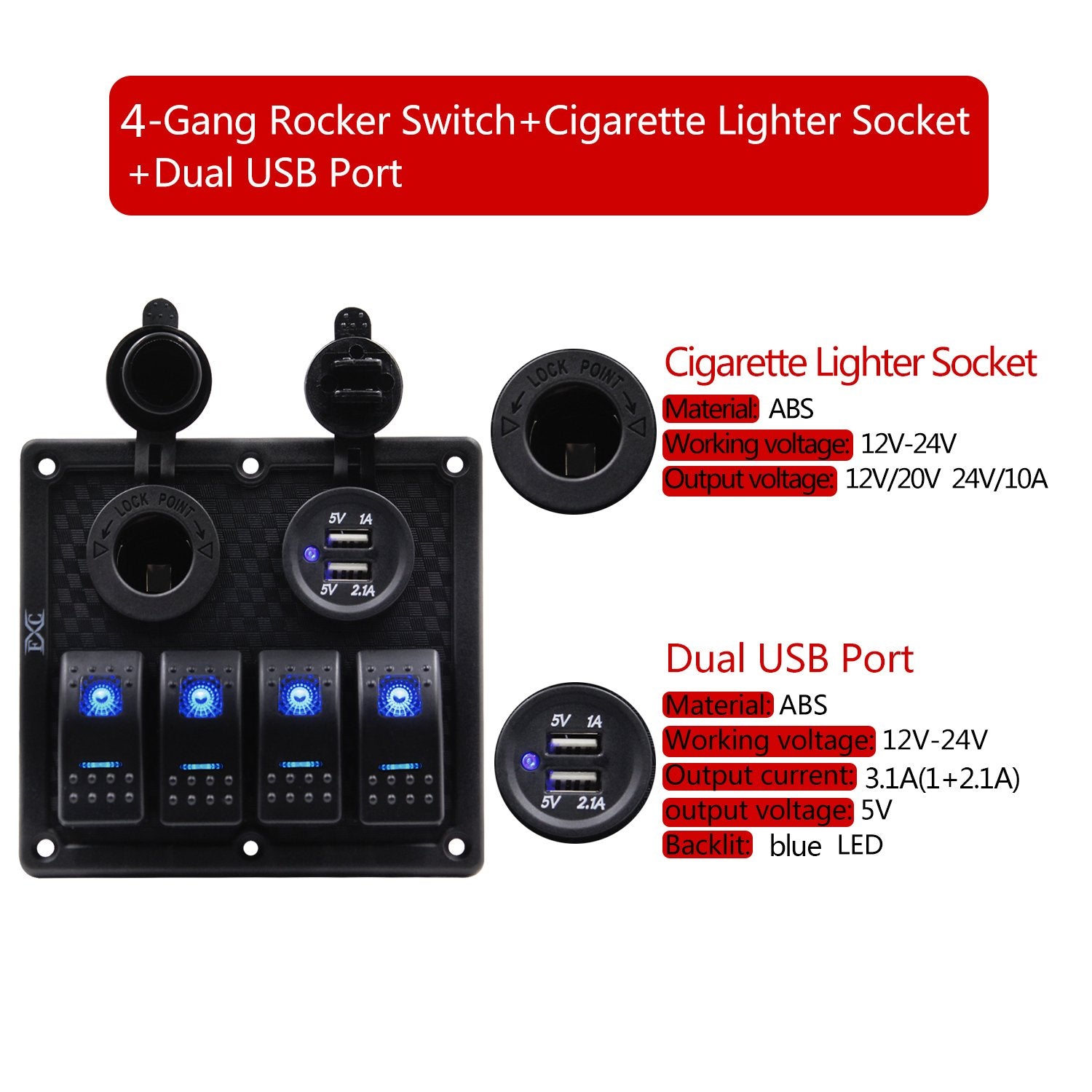 Waterproof 4-Gang Marine Rocker Switch Panel with Dual USB Ports and Cigarette Lighter LED Light for Automotive Use (Blue LED)