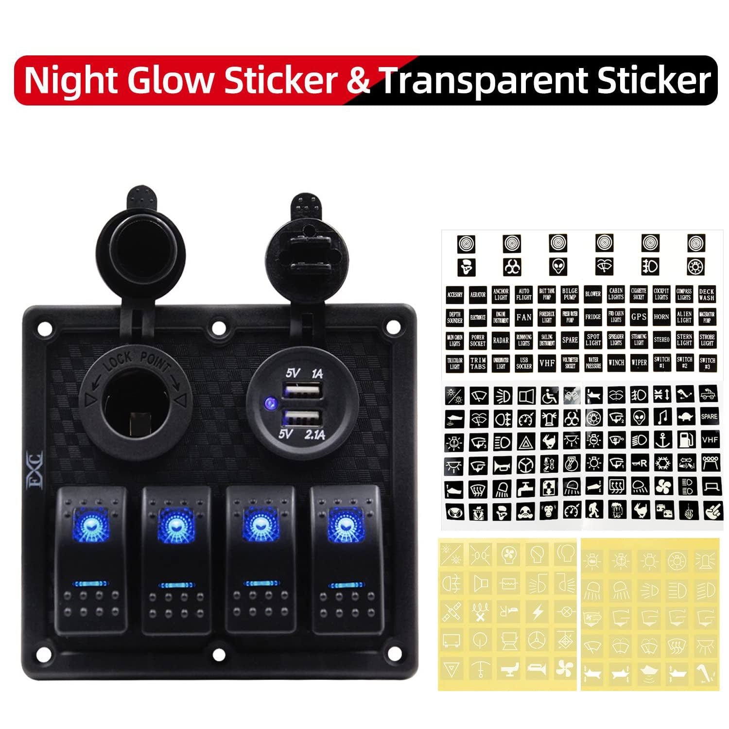 Waterproof 4-Gang Marine Rocker Switch Panel with Dual USB Ports and Cigarette Lighter LED Light for Automotive Use (Blue LED)