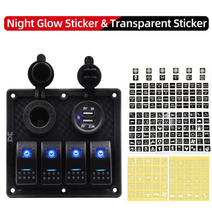 Waterproof 4-Gang Marine Rocker Switch Panel with Dual USB Ports and Cigarette Lighter LED Light for Automotive Use (Blue LED)