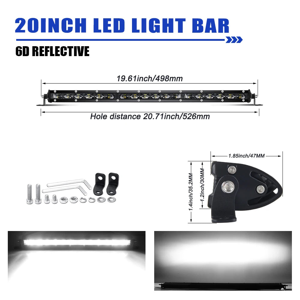 6D Ultra Slim LED Light Bar 1 Row 7Inch-50Inch Driving Light 6000K White for Offroad 4X4 SUV UTV IP68 12V 24Voff-Road Us