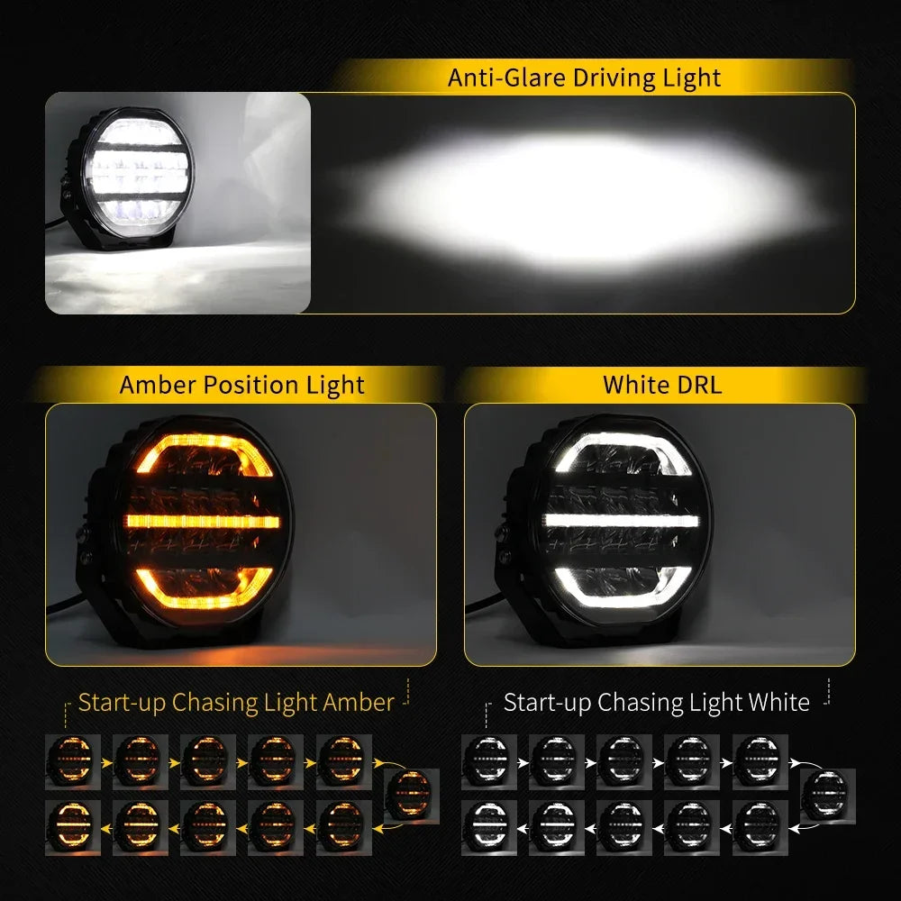 Led Driving Light 2 Color 6000K High Low Spot Flood Combo Beam 3500K Yellow DRL Welcome Flowing Light Foroff-Road Use