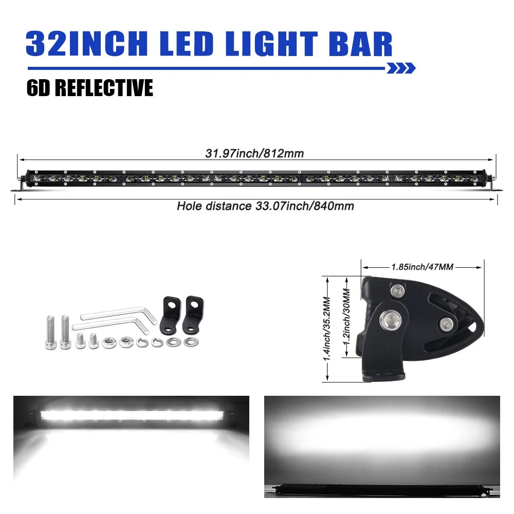 6D Ultra Slim LED Light Bar 1 Row 7Inch-50Inch Driving Light 6000K White for Offroad 4X4 SUV UTV IP68 12V 24Voff-Road Us