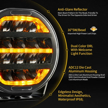 Led Driving Light 2 Color 6000K High Low Spot Flood Combo Beam 3500K Yellow DRL Welcome Flowing Light Foroff-Road Use