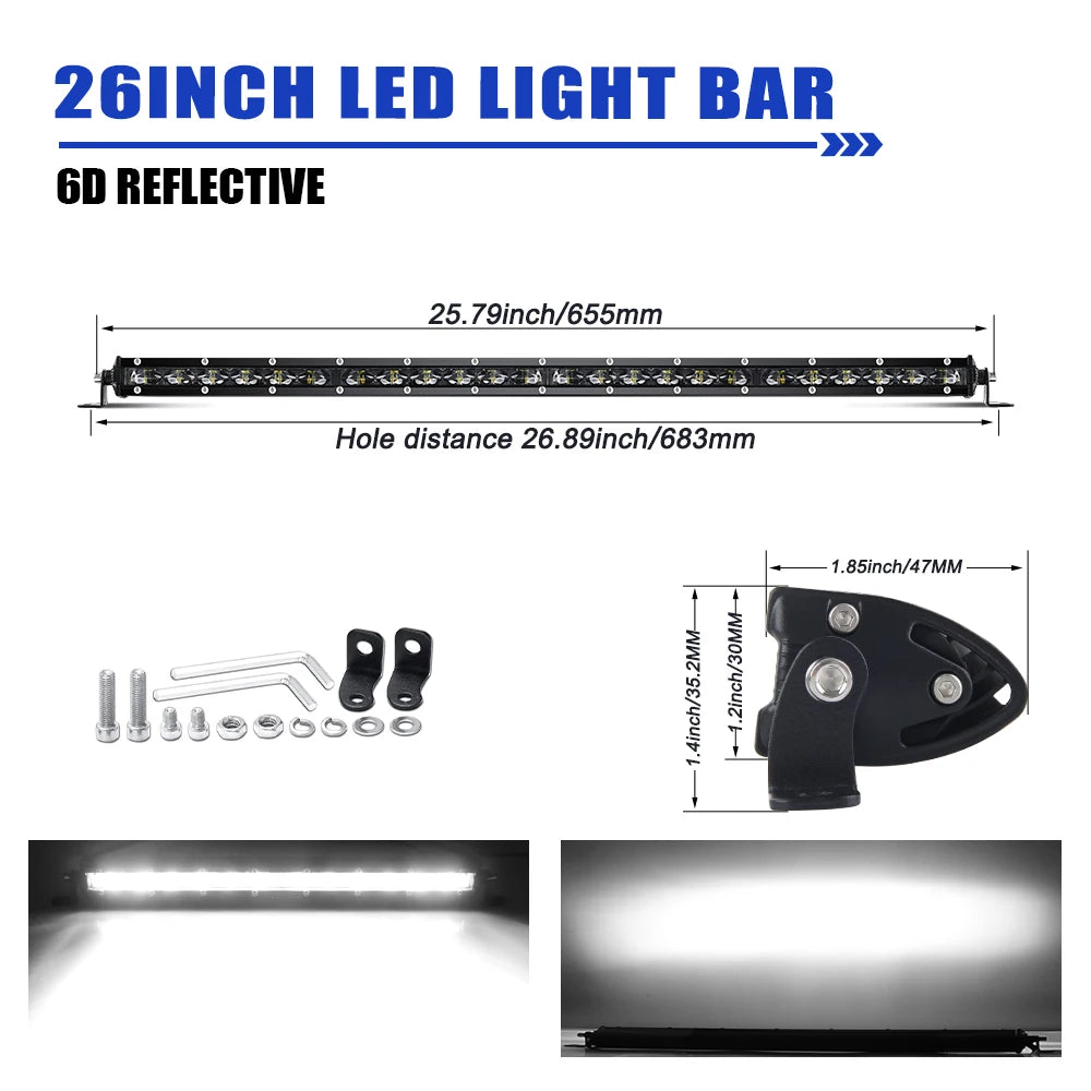 6D Ultra Slim LED Light Bar 1 Row 7Inch-50Inch Driving Light 6000K White for Offroad 4X4 SUV UTV IP68 12V 24Voff-Road Us