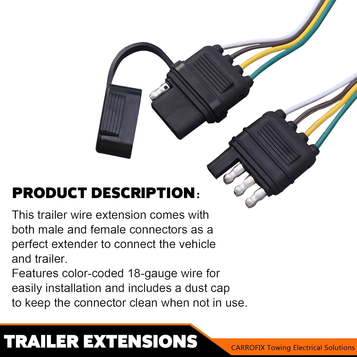 32-Inch 4-Pin Flat Wire Extension Connector for Male and Female Trailer Plugs