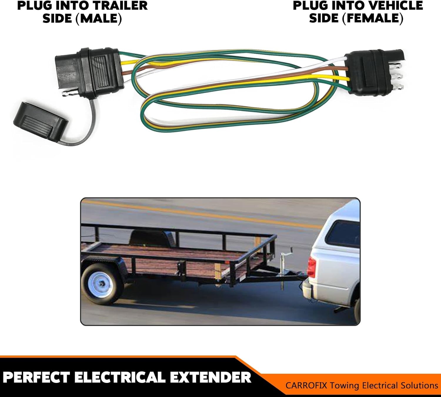 32-Inch 4-Pin Flat Wire Extension Connector for Male and Female Trailer Plugs