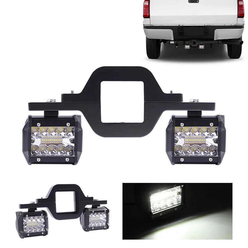 Universal Car Tow Hitch Hook Mount Bracket with 4'' 60W/72W/18W LED Work Light Fog Lamp Holder Rear Backup Off-Road Use Truck