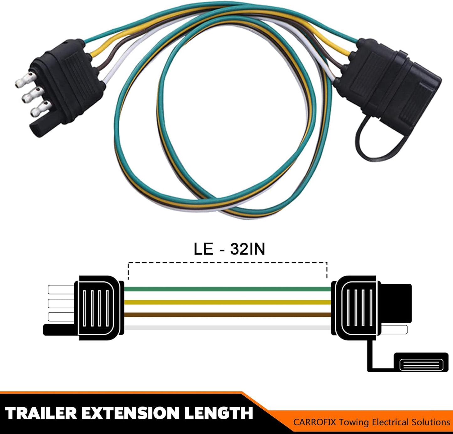 32-Inch 4-Pin Flat Wire Extension Connector for Male and Female Trailer Plugs